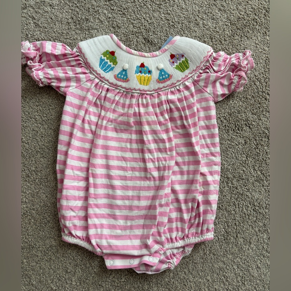 Pink Striped Baby Romper with Cupcake Embroidery